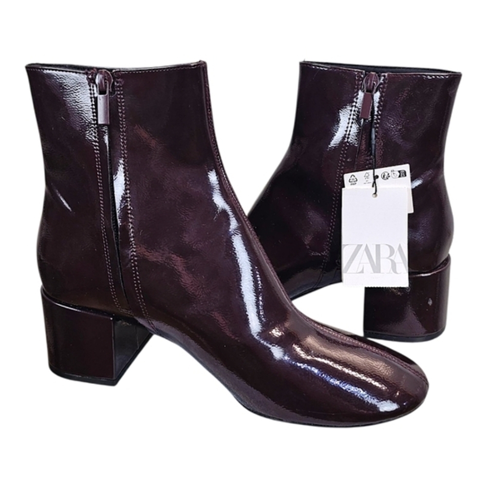 ZARA Faux Patent Leather Ankle Boots Burgundy Block Heel Glossy Retro Chic 38